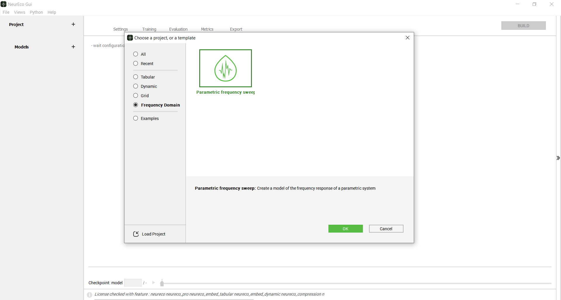 Create a new NeurEco Parametric Frequency Sweep project