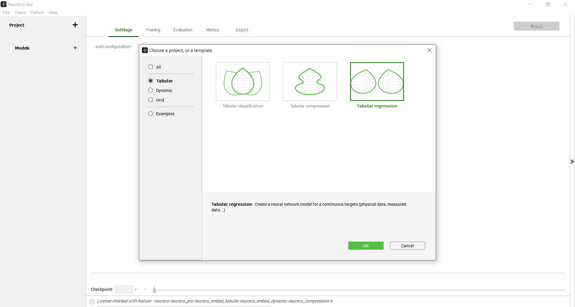 Create a new NeurEco Regression project